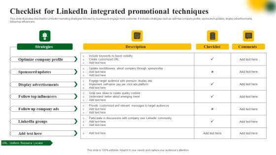 Checklist For Linkedin Integrated Promotional Techniques Information PDF