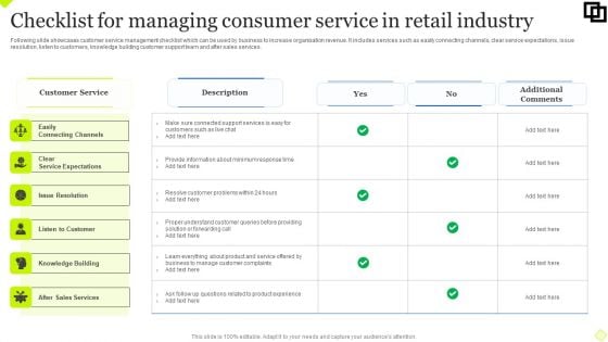 Checklist For Managing Consumer Service In Retail Industry Structure PDF