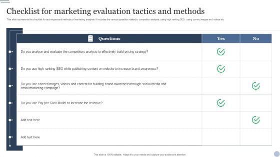 Checklist For Marketing Evaluation Tactics And Methods Ppt Outline Graphics PDF Checklist For Marketing Evaluation Tactics And Methods Ppt Outline Graphics PDF