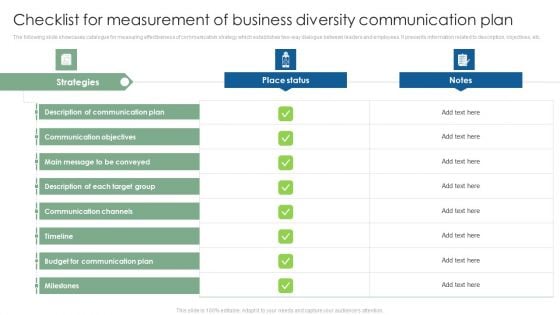 Checklist For Measurement Of Business Diversity Communication Plan Themes PDF