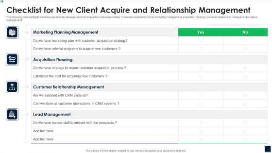 Checklist For New Client Acquire And Relationship Management Icons PDF