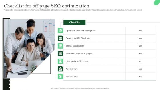 Checklist For Off Page SEO Optimization Ppt PowerPoint Presentation File Model PDF