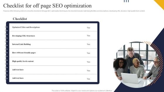 Checklist For Off Page SEO Optimization Ppt PowerPoint Presentation File Show PDF