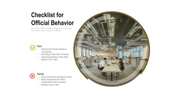 Checklist For Official Behavior Ppt PowerPoint Presentation Ideas Brochure PDF