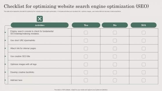 Checklist For Optimizing Website Search Engine Optimization SEO Brochure PDF