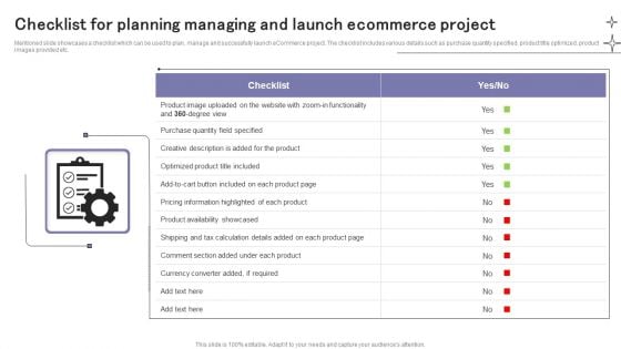 Checklist For Planning Managing And Launch Ecommerce Project Ppt Layout PDF
