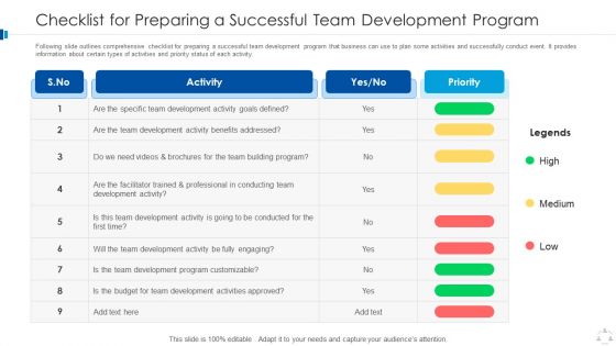 Checklist For Preparing A Successful Team Development Program Portrait PDF