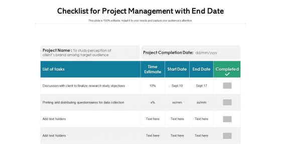 Checklist For Project Management With End Date Ppt PowerPoint Presentation Infographics Influencers PDF