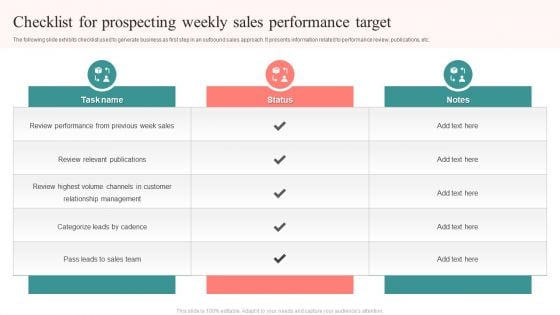 Checklist For Prospecting Weekly Sales Performance Target Icons PDF