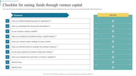 Checklist For Raising Funds Through Venture Capital Developing Fundraising Techniques Infographics PDF