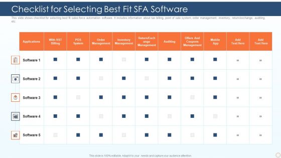 Checklist For Selecting Best Fit SFA Software Ppt PowerPoint Presentation File Outline PDF Checklist For Selecting Best Fit SFA Software Ppt PowerPoint Presentation File Outline PDF