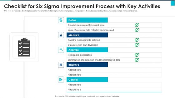 Checklist For Six Sigma Improvement Process With Key Activities Themes PDF Checklist For Six Sigma Improvement Process With Key Activities Themes PDF