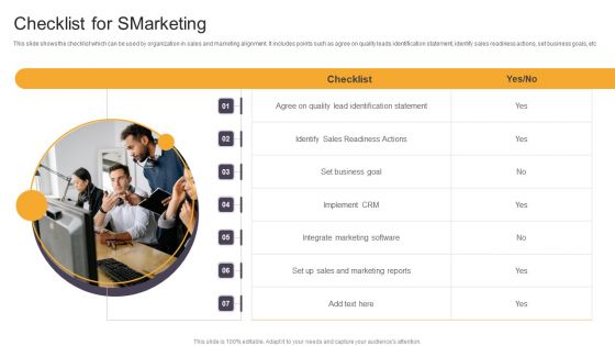 Checklist For Smarketing Ppt PowerPoint Presentation Gallery Design Inspiration PDF