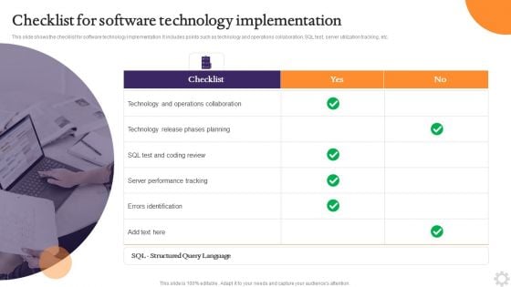 Checklist For Software Technology Implementation Template PDF