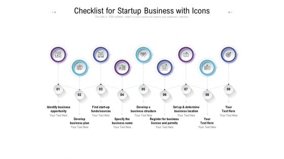 Checklist For Startup Business With Icons Ppt PowerPoint Presentation Visual Aids Infographic Template