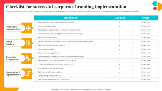 Checklist For Successful Corporate Branding Implementation Portrait PDF