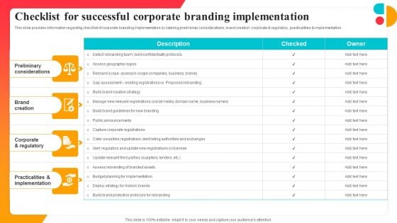 Checklist For Successful Corporate Branding Implementation Portrait PDF