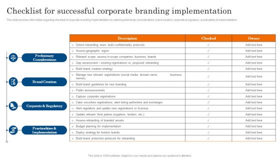 Checklist For Successful Corporate Branding Implementation Ppt PowerPoint Presentation File Deck PDF