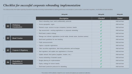 Checklist For Successful Corporate Rebranding Implementation Strategies For Rebranding Without Losing Summary PDF