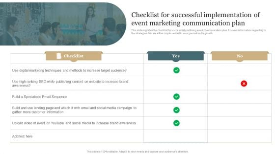 Checklist For Successful Implementation Of Event Marketing Communication Plan Microsoft PDF