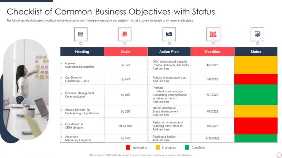 Checklist Of Common Business Objectives With Status Mockup PDF