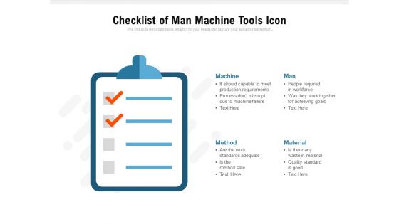 Checklist Of Man Machine Tools Icon Ppt PowerPoint Presentation Gallery Show PDF