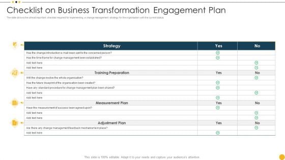 Checklist On Business Transformation Engagement Plan Ppt Outline Portrait PDF Checklist On Business Transformation Engagement Plan Ppt Outline Portrait PDF