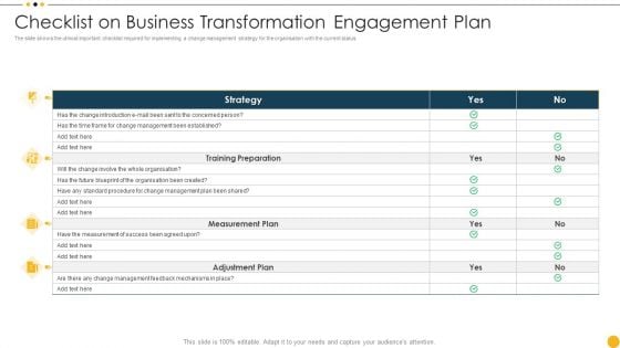 Checklist On Business Transformation Engagement Plan Ppt Outline Portrait PDF