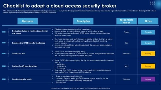 Checklist To Adopt A Cloud Access Security Broker Ppt PowerPoint Presentation File Portfolio PDF