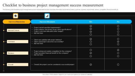 Checklist To Business Project Management Success Measurement Background PDF