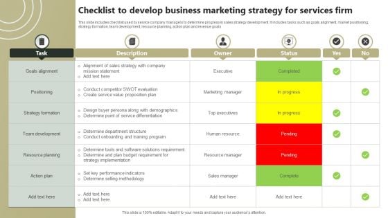 Checklist To Develop Business Marketing Strategy For Services Firm Demonstration PDF