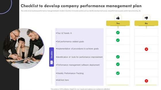 Checklist To Develop Company Performance Management Plan Topics PDF