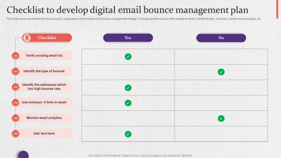 Checklist To Develop Digital Email Bounce Management Plan Formats PDF