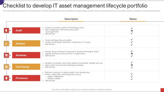 Checklist To Develop IT Asset Management Lifecycle Portfolio Ppt Icon Mockup PDF