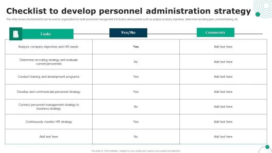 Checklist To Develop Personnel Administration Strategy Portrait PDF