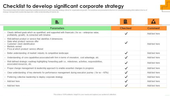 Checklist To Develop Significant Corporate Strategy Download PDF