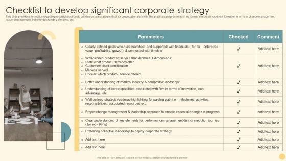 Checklist To Develop Significant Corporate Strategy Ppt PowerPoint Presentation File Background Images PDF