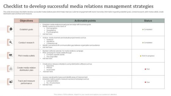 Checklist To Develop Successful Media Relations Management Strategies Ideas PDF