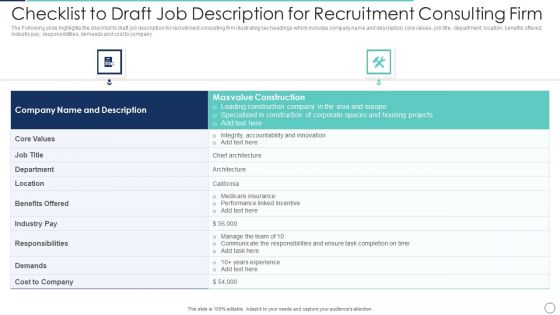 Checklist To Draft Job Description For Recruitment Consulting Firm Demonstration PDF