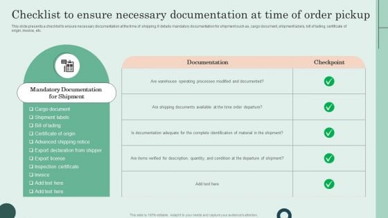 Checklist To Ensure Necessary Documentation At Time Of Order Pickup Mockup PDF