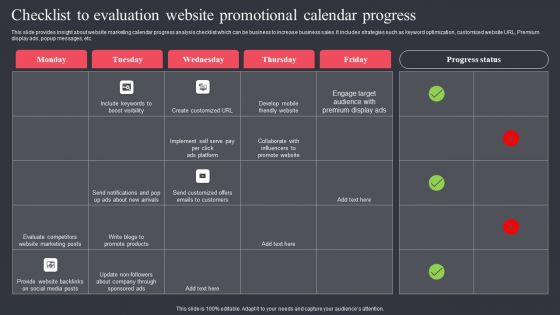Checklist To Evaluation Website Promotional Calendar Progress Elements PDF