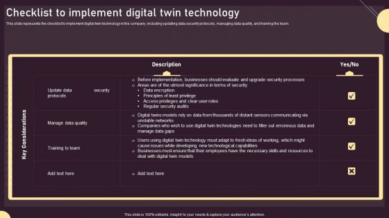 Checklist To Implement Digital Twin Technology Ppt PowerPoint Presentation File Infographics PDF