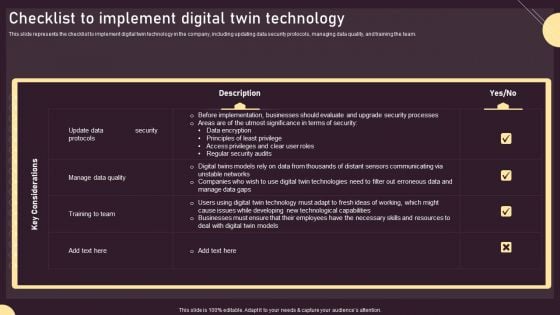 Checklist To Implement Digital Twin Technology Ppt PowerPoint Presentation File Infographics PDF