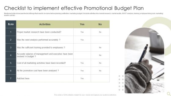 Checklist To Implement Effective Promotional Budget Plan Demonstration PDF