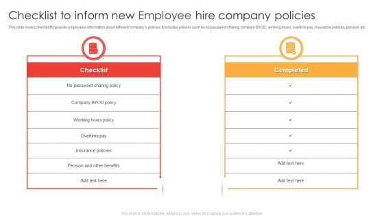Checklist To Inform New Employee Hire Company Policies Ppt Layouts Graphics Download PDF Checklist To Inform New Employee Hire Company Policies Ppt Layouts Graphics Download PDF