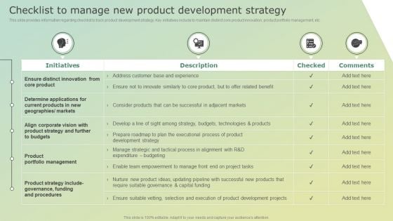 Checklist To Manage New Product Development Strategy Clipart PDF