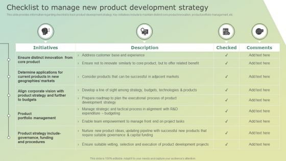 Checklist To Manage New Product Development Strategy Clipart PDF