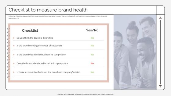 Checklist To Measure Brand Health Strategic Promotion Plan To Improve Product Brand Image Ideas PDF