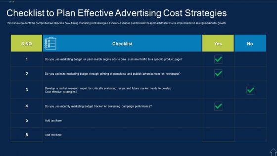 Checklist To Plan Effective Advertising Cost Strategies Portrait PDF