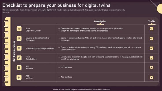 Checklist To Prepare Your Business For Digital Twins Ppt PowerPoint Presentation File Diagrams PDF